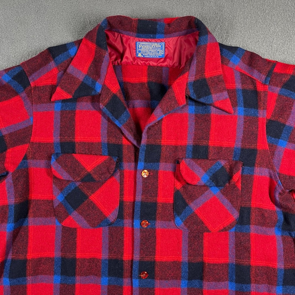 VTG Pendleton Men Wool Jacket Buffalo Plaid Red Blue USA XL Button Up Shirt